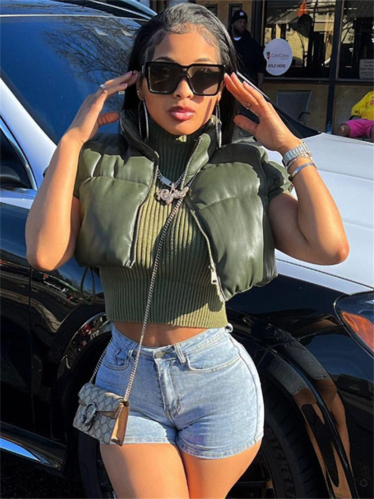 Fashion Solid PU Zip Up Puffer Vest Cropped Jackets Streetwear Casual Clothes Y2K Accessories Autumn Winter Women