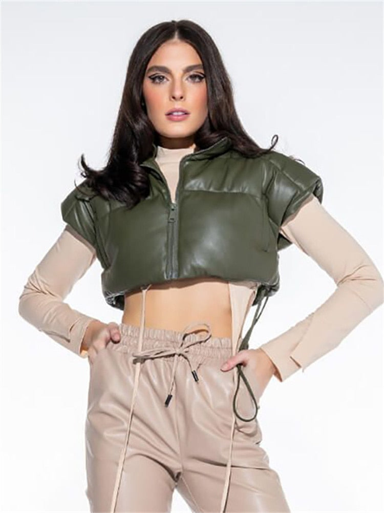 Fashion Solid PU Zip Up Puffer Vest Cropped Jackets Streetwear Casual Clothes Y2K Accessories Autumn Winter Women