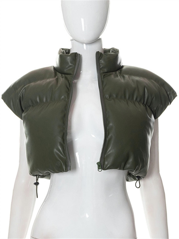 Fashion Solid PU Zip Up Puffer Vest Cropped Jackets Streetwear Casual Clothes Y2K Accessories Autumn Winter Women